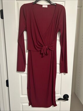 Pink Lily burgundy/Deep Red Ribbed Wrap Tie Midi Dress